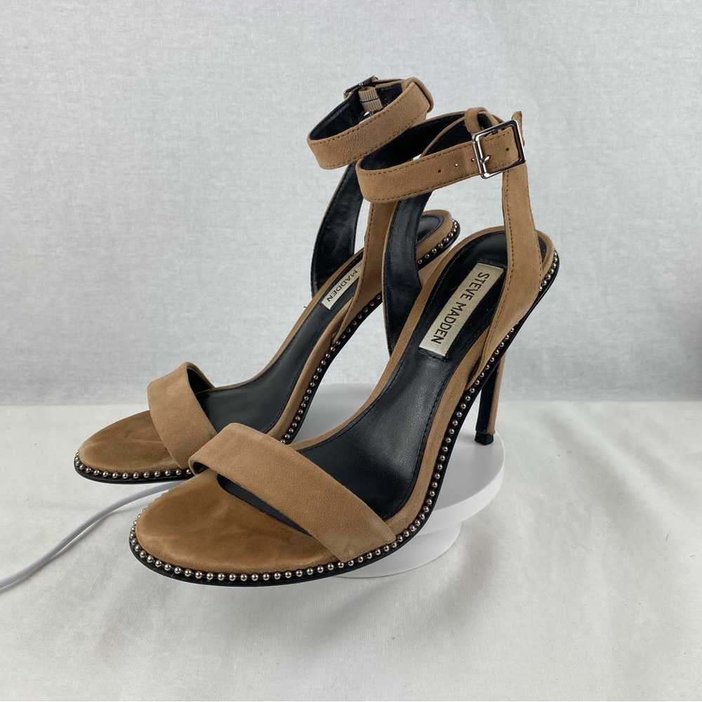 Steve Madden Tan Suede Studded Ankle-Strap Heels